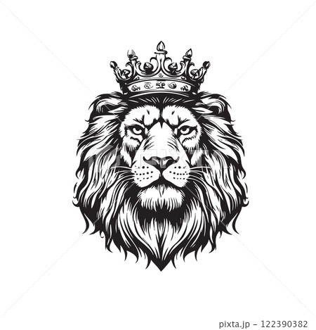 Vector of lion head wearing royal crown, detailed illustration art with flowing mane in heraldic style. Wildlife Animals. 122390382