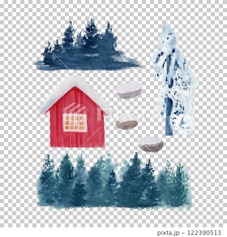 Red log house, spruce forest, stones set isolated on white. Nature landscape design elements. High quality clip art perfect for cards, banners, posters, books decor. Winter in Norway illustration 122390513