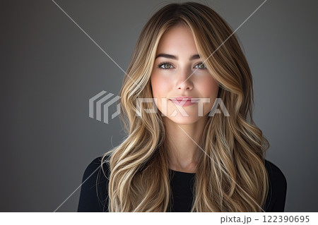 Close-up portrait of pretty young woman looking to camera on dark background. AI-generated item 122390695
