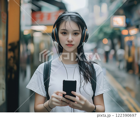 Young woman at headphones with mobile phone at hands listening music in city street. AI-generated item 122390697