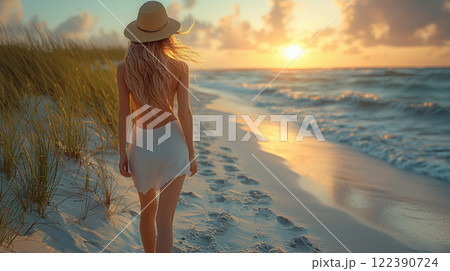 Back view of young woman walking barefoot along beach at sunset. AI-generated item Back view of young woman walking barefoot along beach at sunset. AI-generated item 122390724