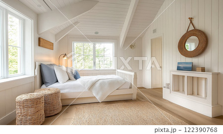 Cozy cottage-style bedroom with natural decor and white walls. AI-generated item 122390768