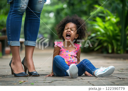Little angry african american girl crying outdoors. AI-generated item 122390779