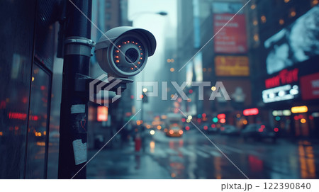 Security camera monitoring urban street life. AI-generated item Security camera monitoring urban street life. AI-generated item 122390840