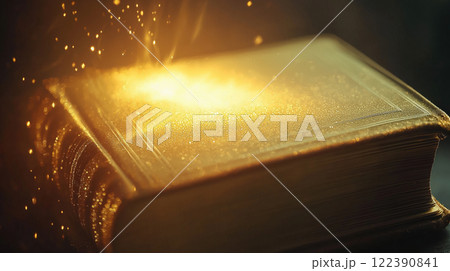 Glowing ancient book with golden light and sparks. AI-generated item Glowing ancient book with golden light and sparks. AI-generated item 122390841