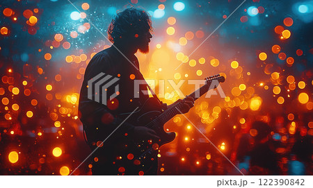 Guitarist playing electric guitar on stage in bokeh lights. AI-generated item Guitarist playing electric guitar on stage in bokeh lights. AI-generated item 122390842
