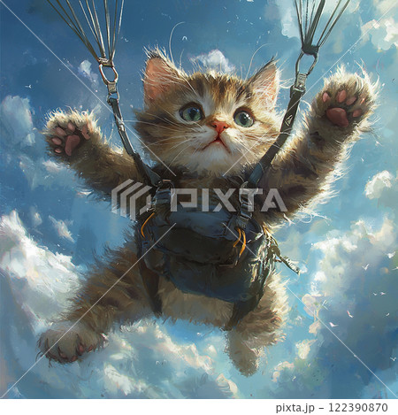 スカイダイビングを楽しむ猫のファンタジーアート スカイダイビングを楽しむ猫のファンタジーアート 122390870