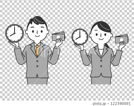 Business person holding a watch and a banknote, upper body, vector 122390891