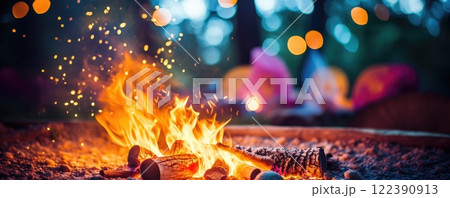 garden party with camp fire in summer 122390913