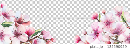 Border with watercolor pink cherry flowers and green leaves, wedding sakura isolated illustration Border with watercolor pink cherry flowers and green leaves, wedding sakura isolated illustration 122390929