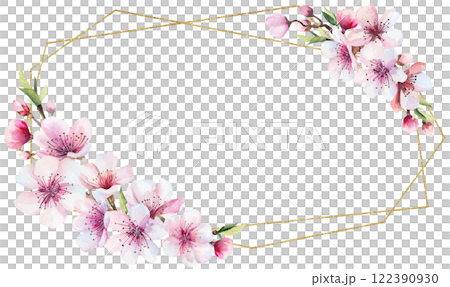 Frame with watercolor pink cherry flowers and green leaves, wedding sakura isolated illustration Frame with watercolor pink cherry flowers and green leaves, wedding sakura isolated illustration 122390930