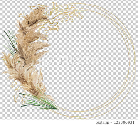 Round frame with watercolor beige, green and golden pampas grass, Boho Wedding isolated illustration Round frame with watercolor beige, green and golden pampas grass, Boho Wedding isolated illustration 122390931