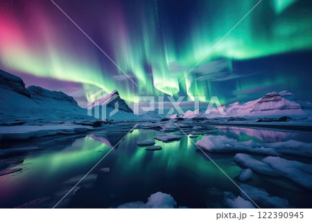 beautiful polar lights in mountain winter landscape beautiful polar lights in mountain winter landscape 122390945