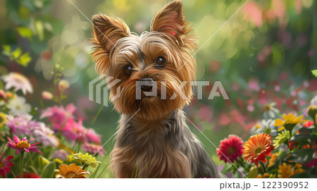 Yorkshire Terrier Exploring a Vibrant Garden, Surrounded by Blooming Flowers and Lush Greenery 122390952
