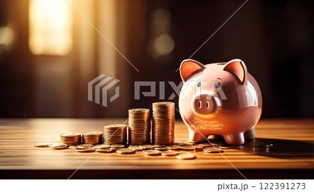 貯金箱と積み重なったコイン 貯金・貯蓄のイメージ Generative AI 122391273