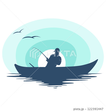 Fisherman in a boat at sunset 122391447