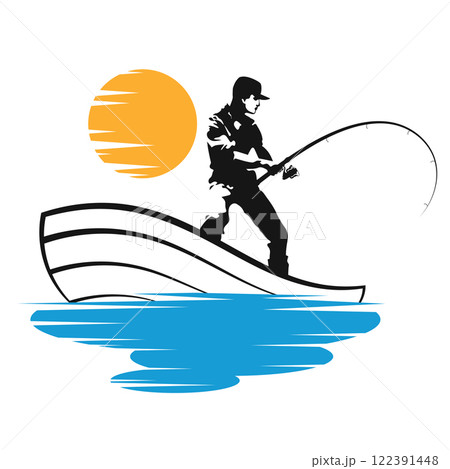 Fisherman in a boat on blue waves Fisherman in a boat on blue waves 122391448
