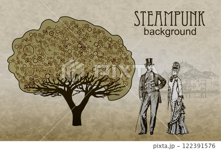Steampunk Template Edwardian Background. Victorian Party Poster. Vector 122391576