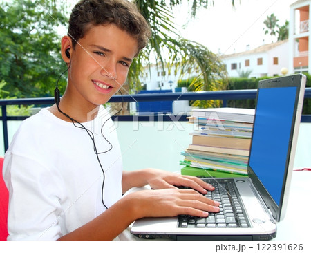teenager student happy boy laptop earphones teenager student happy boy laptop earphones 122391626