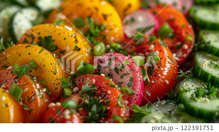 Vibrant Fresh Veggie Salad with Tahini: Crisp Cucumbers, Juicy Tomatoes, Colorful Bell Peppers, Crunchy Radishes, and Green Onions, Mixed with Fresh Parsley 122391751