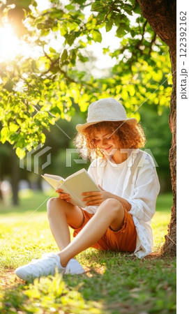 Teenager enjoys reading a mindfulness book under a sunny tree in a vibrant park setting 122392162