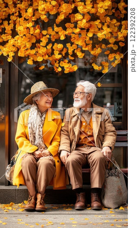 Older couple enjoys peaceful moment together on a park bench under a canopy of leaves 122392208