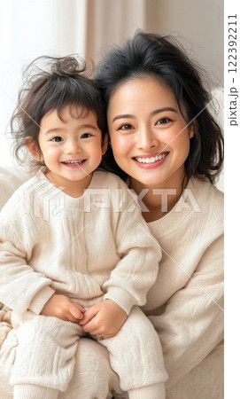 Mindful playtime for a single mother and her toddler in a warm pastel living room 122392211