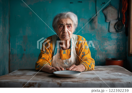 Elderly Arab woman prepares a meal in her colorful kitchen with a serene expression Elderly Arab woman prepares a meal in her colorful kitchen with a serene expression 122392239