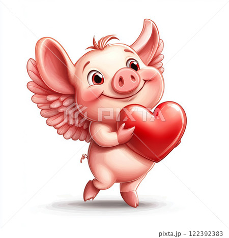 Watercolor cartoon piglet with red heart on white background Watercolor cartoon piglet with red heart on white background 122392383
