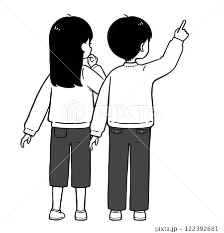 小学生 男女で相談 シンプルな後ろ姿のモノクロイラスト 122392681