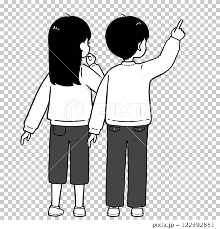 小学生 男女で相談 シンプルな後ろ姿のモノクロイラスト 122392681