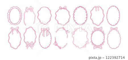 Cute ribbon frame set, vector hand drawn doodle border, pink bow line illustration, minimal design.  122392714