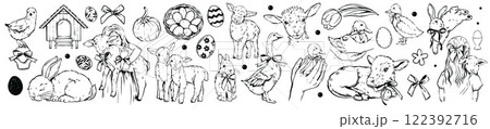 Cute farm baby animals set, vector doodle easter lamb, rabbit hand drawn illustration, little girl.  122392716