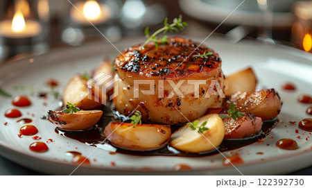 Presented on a lavishly set porcelain plate, a serving of foie gras is garnished with delicate slices of pear and aromatic balsamic glaze Presented on a lavishly set porcelain plate, a serving of foie gras is garnished with delicate slices of pear and aromatic balsamic glaze 122392730