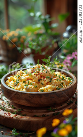 Set in a vibrant garden-themed environment, scrambled eggs mixed with fresh herbs are displayed on a rustic wooden board 122392733
