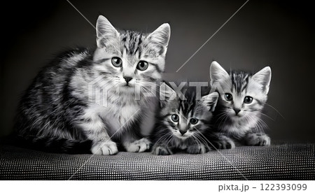 モノクロの子猫3匹、ヴィンテージ風のレトロな雰囲気で撮影された猫の肖像写真 モノクロの子猫3匹、ヴィンテージ風のレトロな雰囲気で撮影された猫の肖像写真 122393099