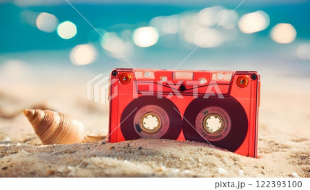 レッドの透明カセットテープが砂浜に立つ、輝くビーチと貝殻の幻想的な背景 レッドの透明カセットテープが砂浜に立つ、輝くビーチと貝殻の幻想的な背景 122393100