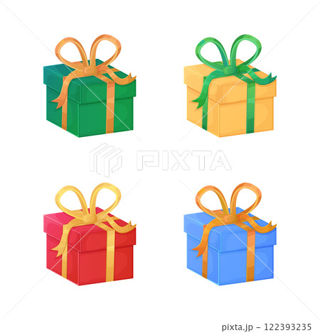 Set of four colorful Christmas gift boxes with gradient bows in green, yellow, red, and blue. Designed in cartoon style and isolated on white background. Perfect for holiday celebrations, festive Set of four colorful Christmas gift boxes with gradient bows in green, yellow, red, and blue. Designed in cartoon style and isolated on white background. Perfect for holiday celebrations, festive 122393235