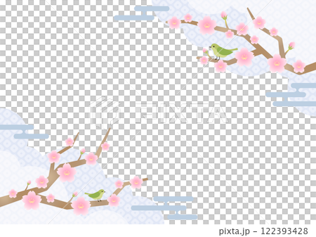 Japanese-style design of plum blossoms and nightingale illustration background material 122393428