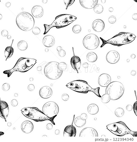 Cute fish with float and bubbles in marine theme. Graphic illustration line art in black and white monochrome, hand drawn with ink. Seamless simple pattern 122394340