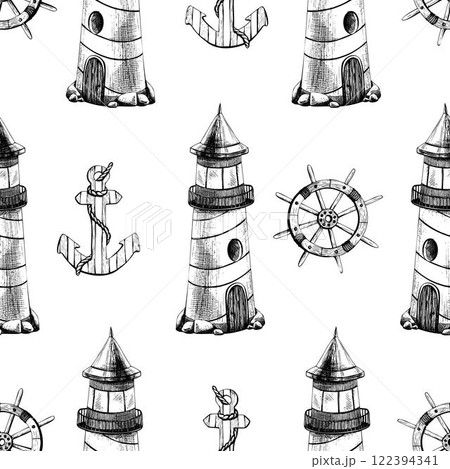 Marine theme with striped lighthouse, ship wheel and anchor. Graphic illustration line art in black and white monochrome, hand drawn with ink. Seamless simple pattern Marine theme with striped lighthouse, ship wheel and anchor. Graphic illustration line art in black and white monochrome, hand drawn with ink. Seamless simple pattern 122394341