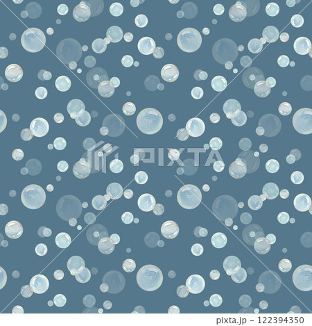 Blue water bubbles of different sizes and tones in a chaotic order. Watercolor illustration drawn by hand. Seamless pattern, endlessly repeating ornament, on a blue background 122394350