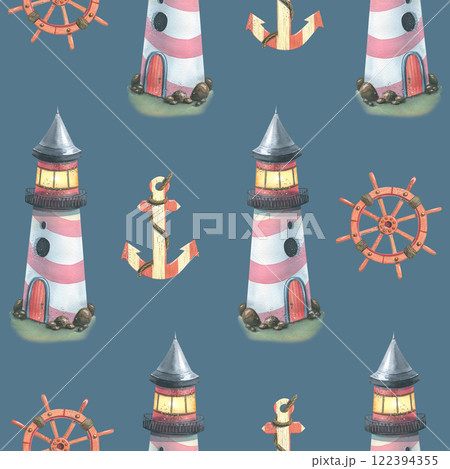Seamless marine pattern on a white background with lighthouses, steering wheels and anchors. Watercolor illustration. For fabric, textiles, wallpaper, paper, packaging, children's products Seamless marine pattern on a white background with lighthouses, steering wheels and anchors. Watercolor illustration. For fabric, textiles, wallpaper, paper, packaging, children's products 122394355