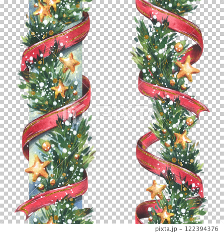 Garland decoration Christmas, New Year with green fir tree branches, red twisting ribbons, golden stars and snow. Watercolor hand-drawn illustration. Set of seamless borders isolated from background Garland decoration Christmas, New Year with green fir tree branches, red twisting ribbons, golden stars and snow. Watercolor hand-drawn illustration. Set of seamless borders isolated from background 122394376