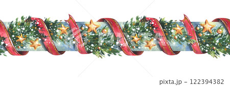 Garland decoration Christmas, New Year with green fir tree branches, red twisting ribbons, golden stars and snow. Watercolor hand drawn illustration. Seamless border isolated from background 122394382