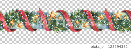 Garland decoration Christmas, New Year with green fir tree branches, red twisting ribbons, golden stars and snow. Watercolor hand drawn illustration. Seamless border isolated from background 122394382