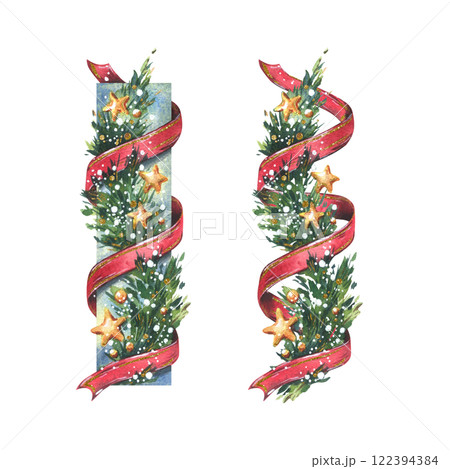 Garland decoration Christmas, New Year with green fir tree branches, red twisting ribbons, golden stars and snow. Watercolor hand-drawn illustration. Set of borders isolated from background 122394384