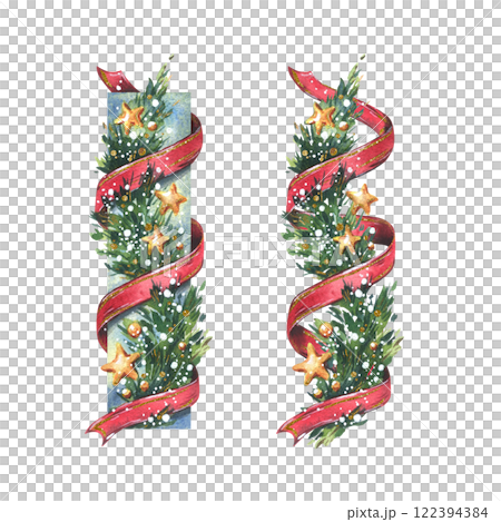 Garland decoration Christmas, New Year with green fir tree branches, red twisting ribbons, golden stars and snow. Watercolor hand-drawn illustration. Set of borders isolated from background 122394384