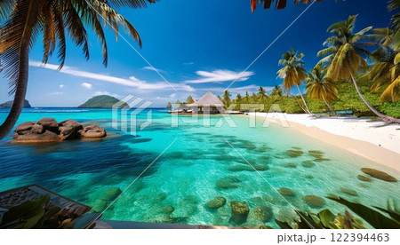 Tropical paradise with clear waters and sandy beach on a sunny day 122394463