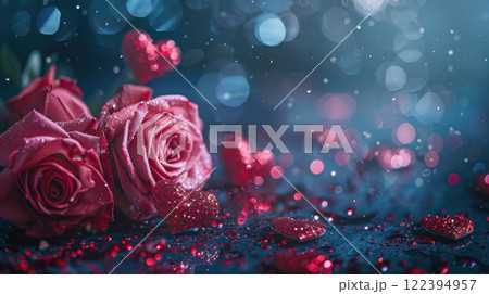 Valentines Day background with roses and hearts and glitter 122394957